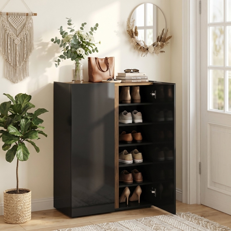 Schuhschrank Mit 6 Ebenen Und Verstellbaren Einlegeböden, Soft-close-türen, Aus Spanplatte In Schwarz
