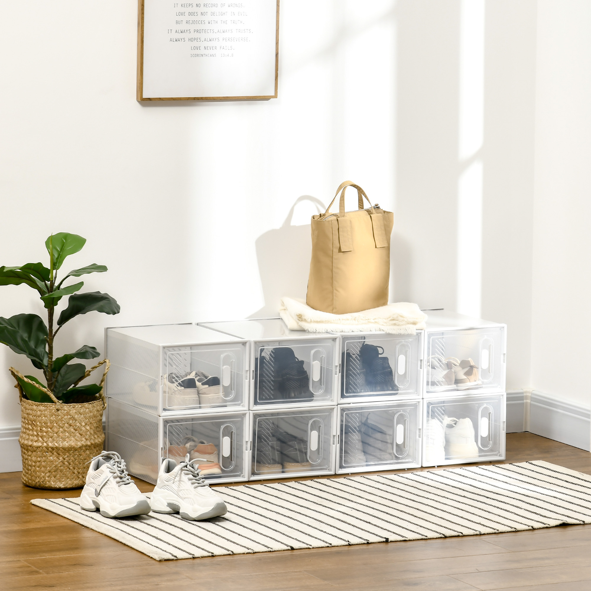 Modularer Schuhschrank Mit 8 Fächern Und Magnettüren, Lüftungsöffnungen, Für Flur, Transparenter Kunststoff