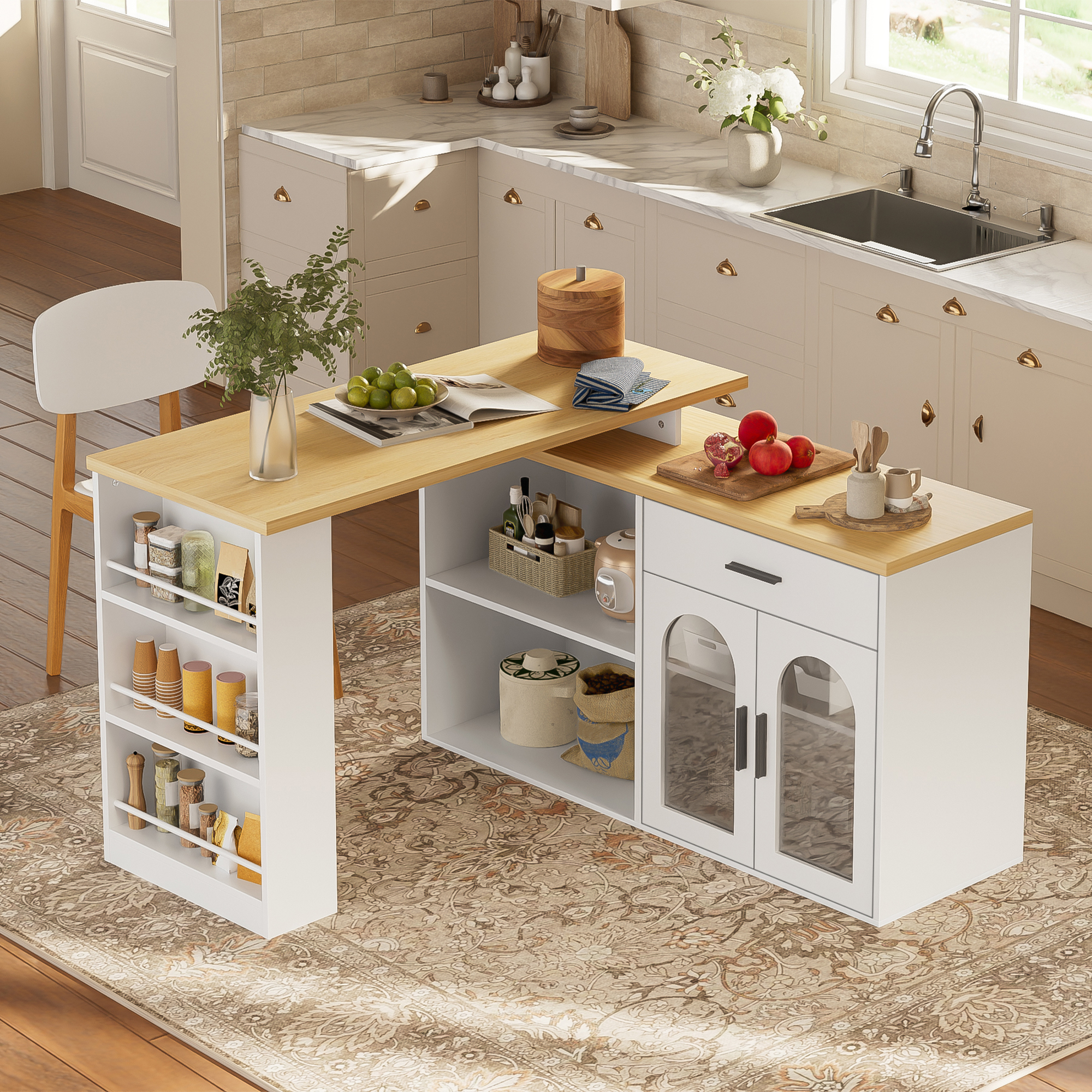Kücheninsel Mit 360° Drehbarer Tischplatte, Schublade, Regalen Und Glastüren, Für Küche Und Esszimmer, Mdf Weiß