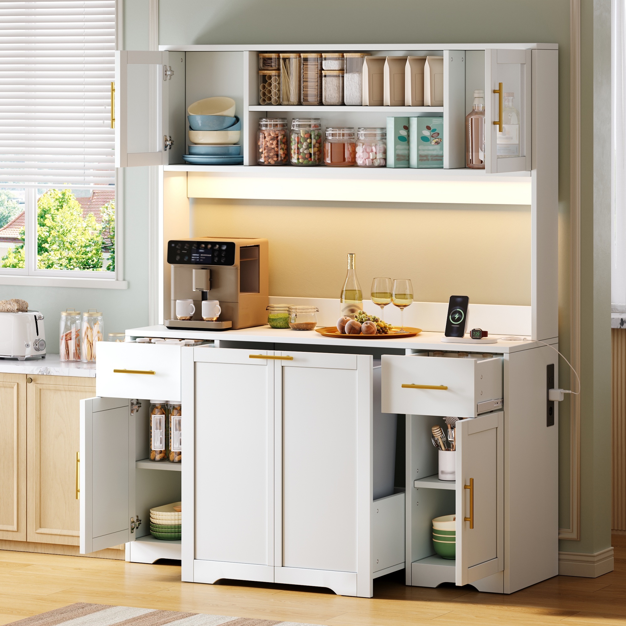 Küchenbuffet Mit 2 Schubladen, Verstellbaren Einlegeböden, Ausziehbarem Mülleimer, Led Und Steckdosen, Mdf Weiß, 140 × 40 × 173 Cm