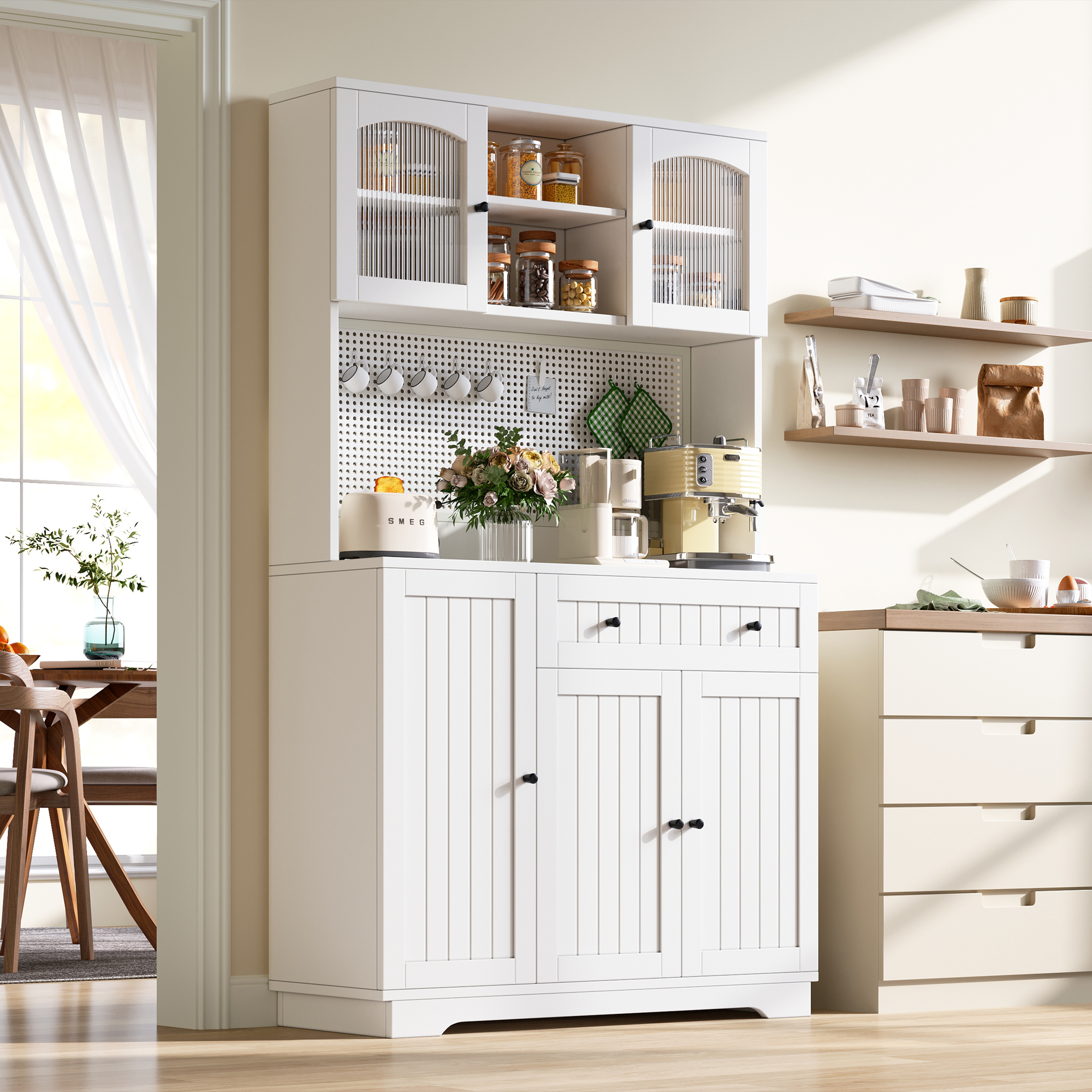 Küchenhochschrank Mit Vitrinentüren, Schublade Und Verstellbaren Einlegeböden, Lochblech, Weiß, 103.5 × 40 × 180 Cm