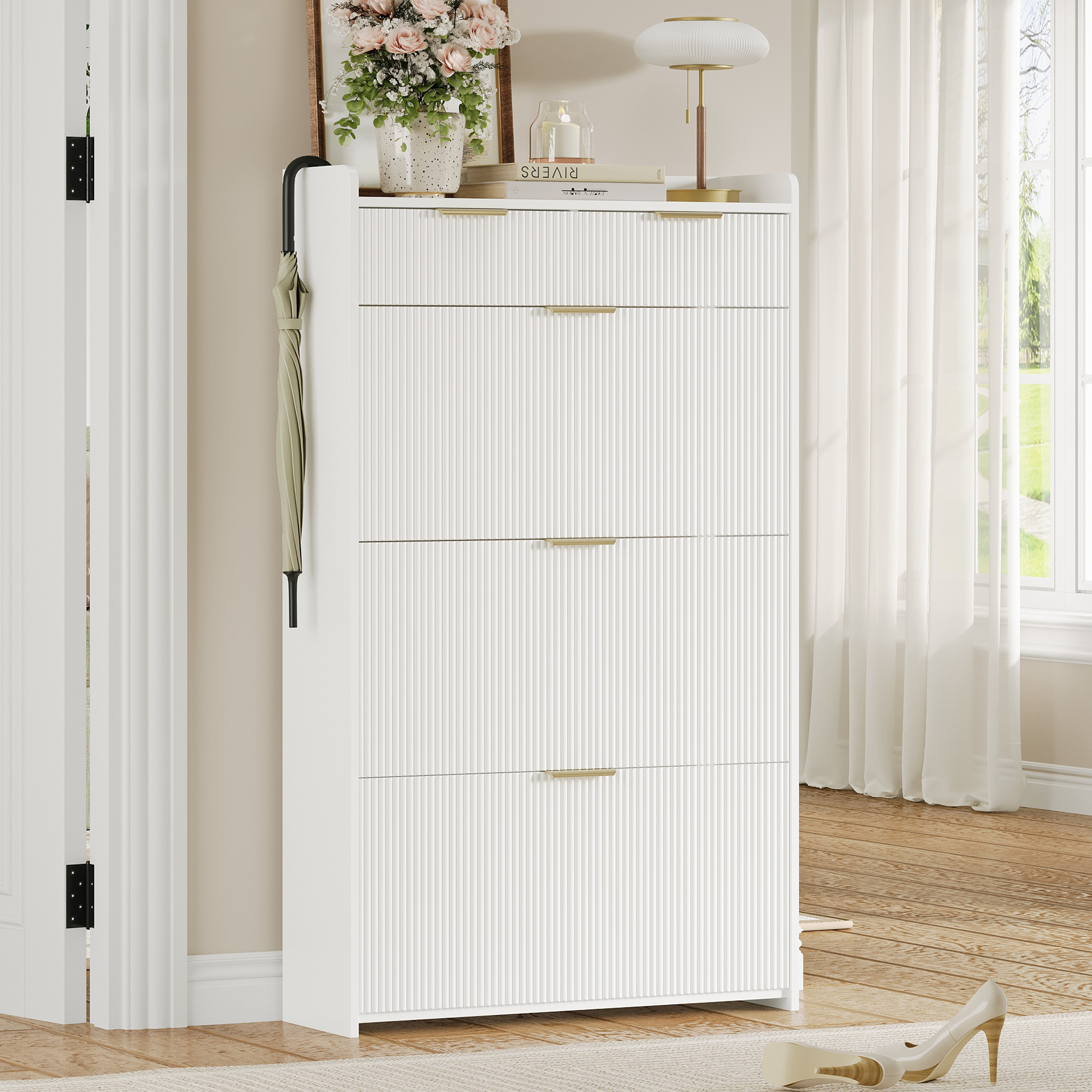 Schmaler Schuhschrank Mit 3 Klappfächern Und 2 Schubladen, Für Flur, Spanplatte, Weiß, 80 × 25 × 135 Cm