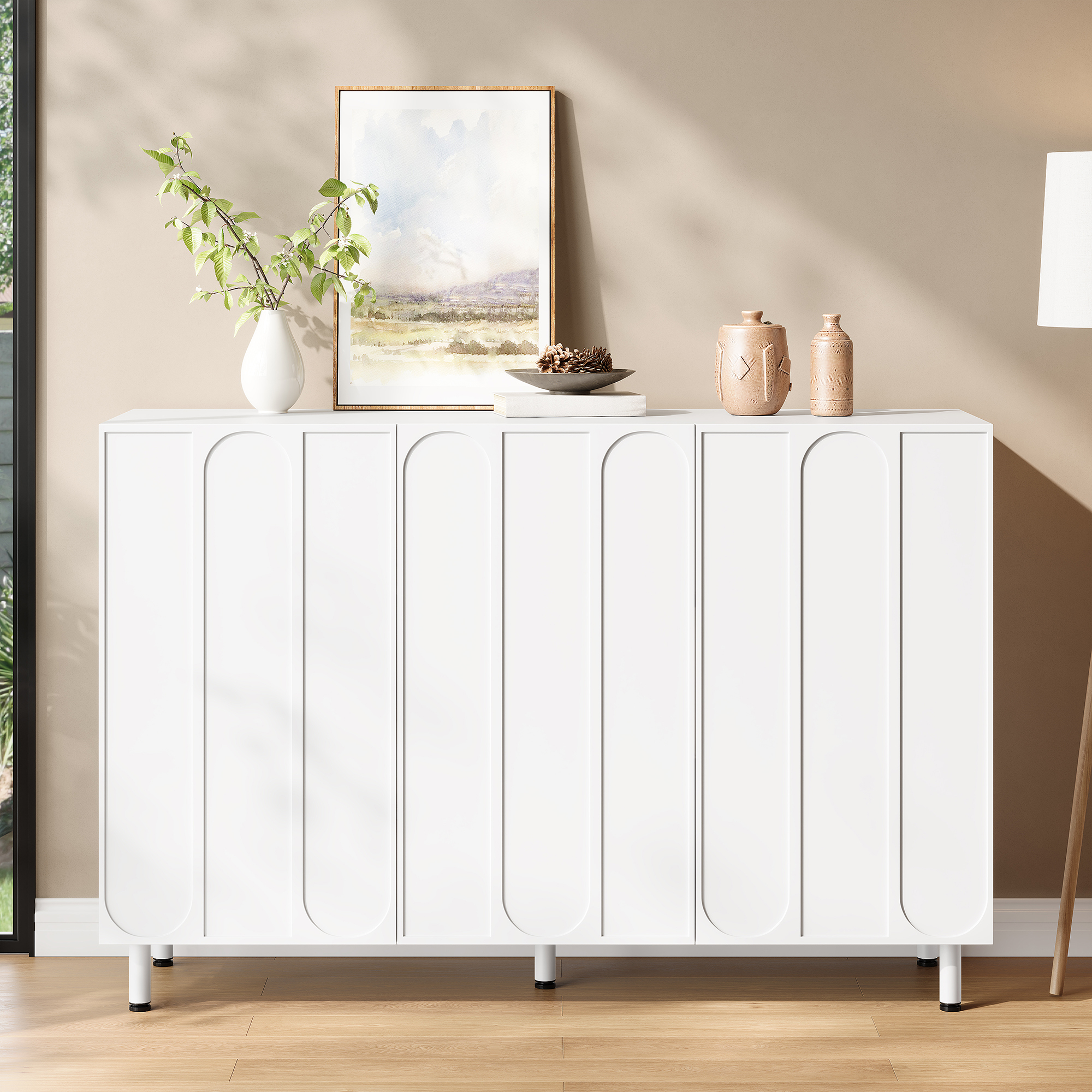 Schuhschrank Sideboard Mit 3 Türen, 2 Fächern Und Verstellbaren Einlegeböden, Vertikalem Bogenrelief, Weiß