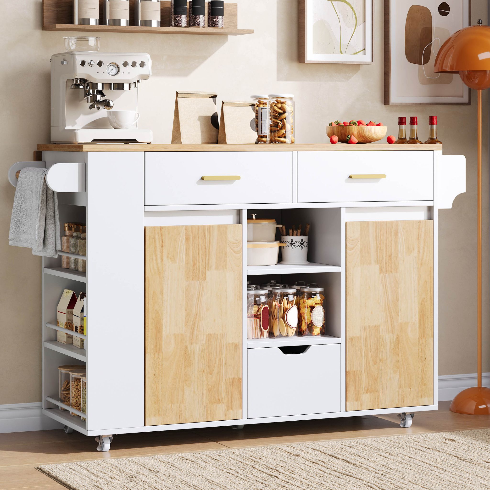 Küchenwagen Mit Klappbarer Arbeitsplatte, 3 Schubladen, Seitenregalen Und Feststellrollen, Mdf Weiß, 120 × 45(71) × 90 Cm