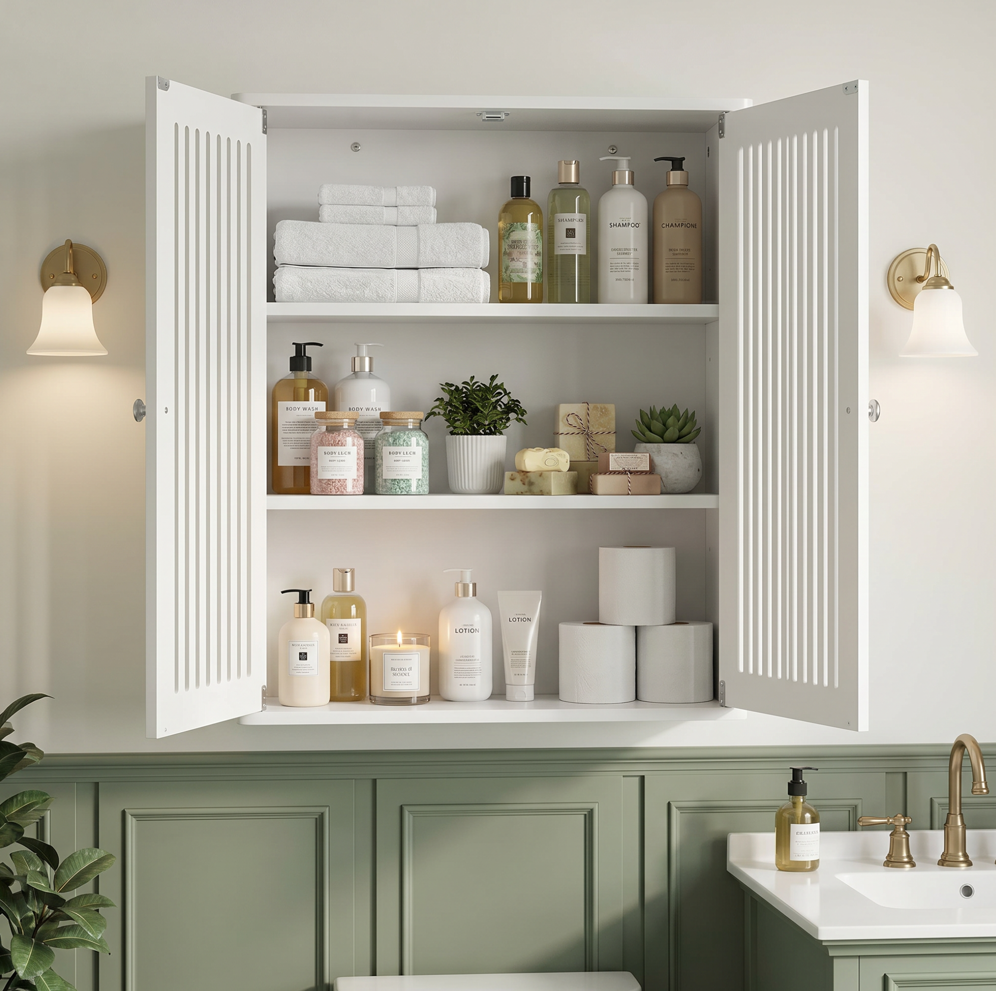 Badezimmer-hängeschrank Mit 2 Lamellentüren, Platzsparender Wandschrank Aus Mdf Und Spanplatte Weiß