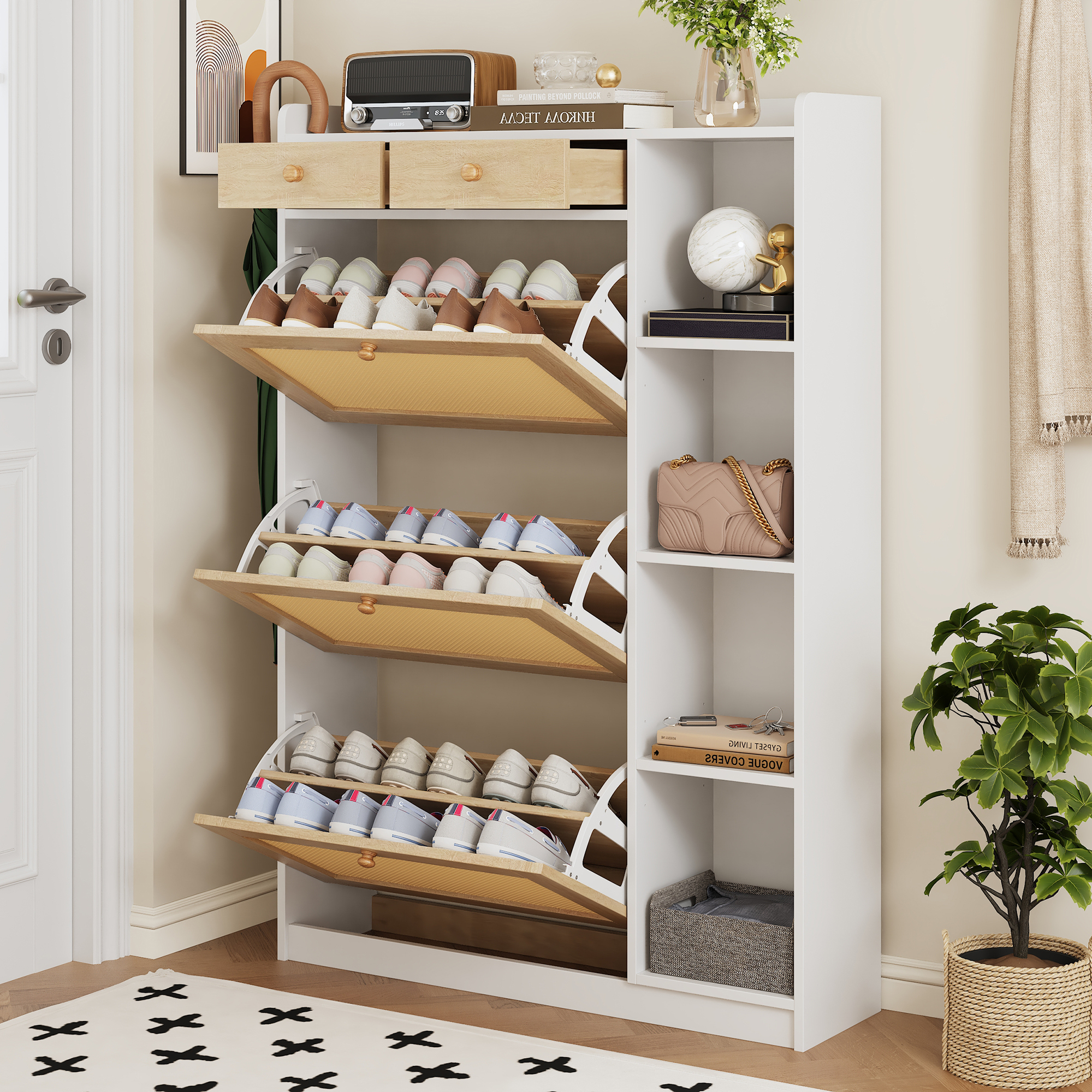 Schuhschrank Mit 3 Klappfächern, 2 Schubladen, Verstellbaren Einlegeböden, Für Flur, 90×24×130 Cm, Weiß Natur