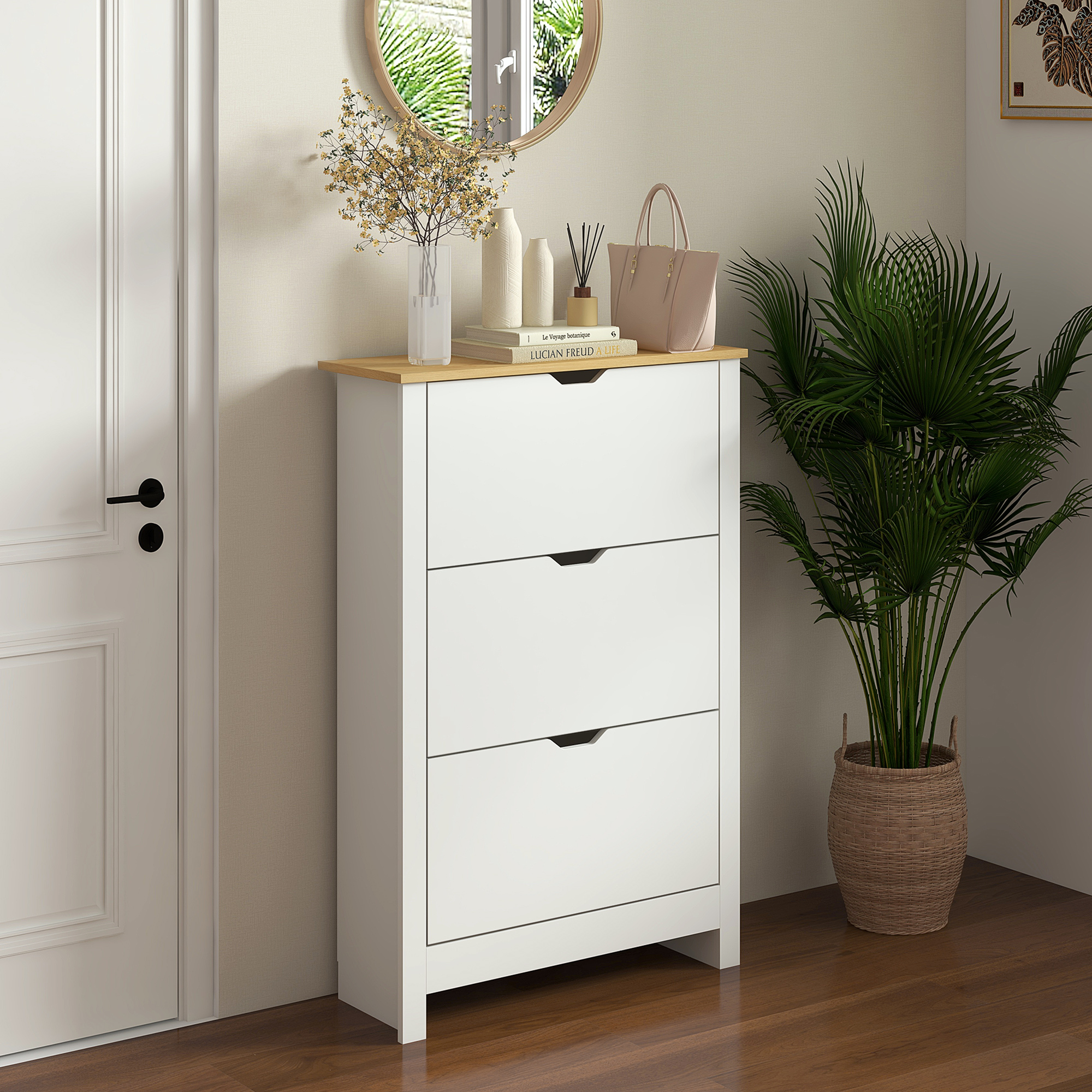 Schuhschrank Mit 3 Klappfächern Und 6 Einlegeböden, Oberer Ablagefläche, Für Flur, Spanplatte, Weiß, 72 × 26 × 112 Cm
