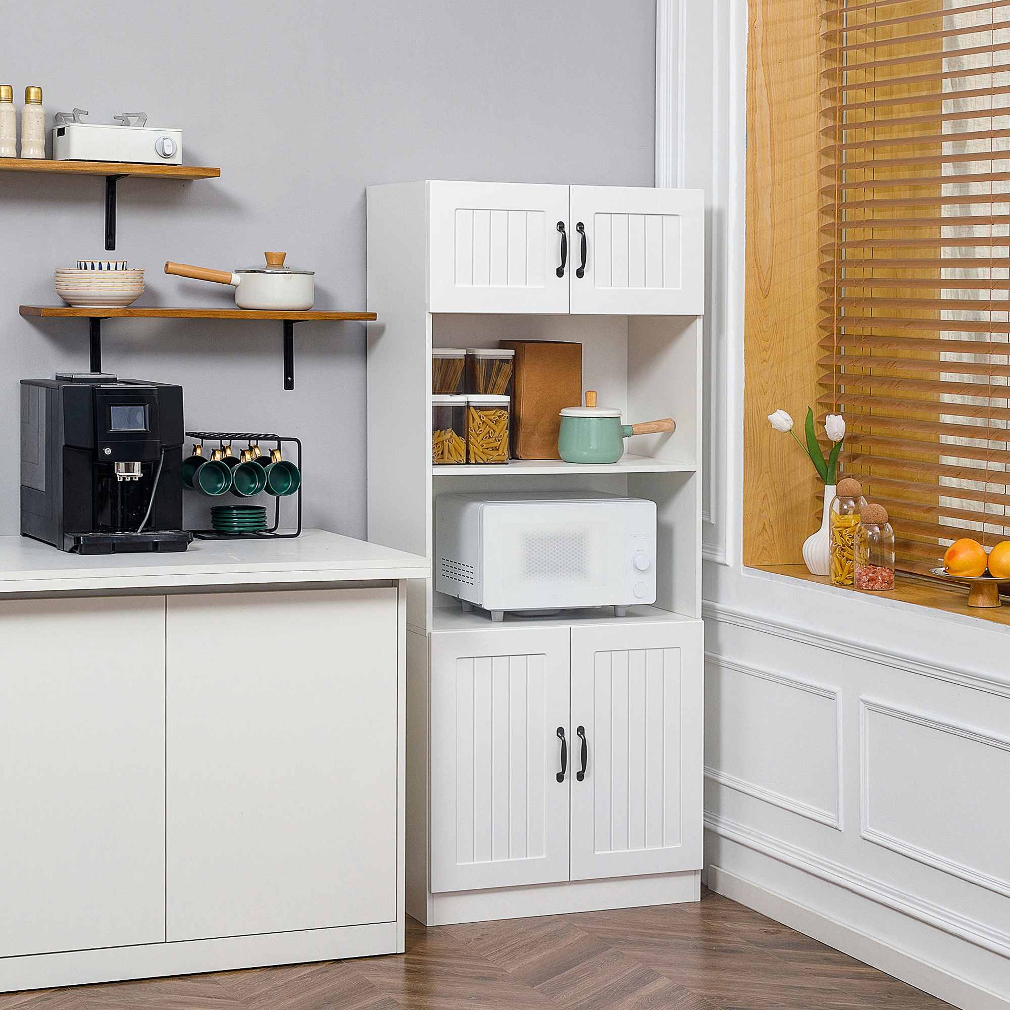 Küchenhochschrank Mit 4 Türen, Mikrowellennische Und Verstellbaren Einlegeböden, Mdf Weiß, 70×40×170 Cm