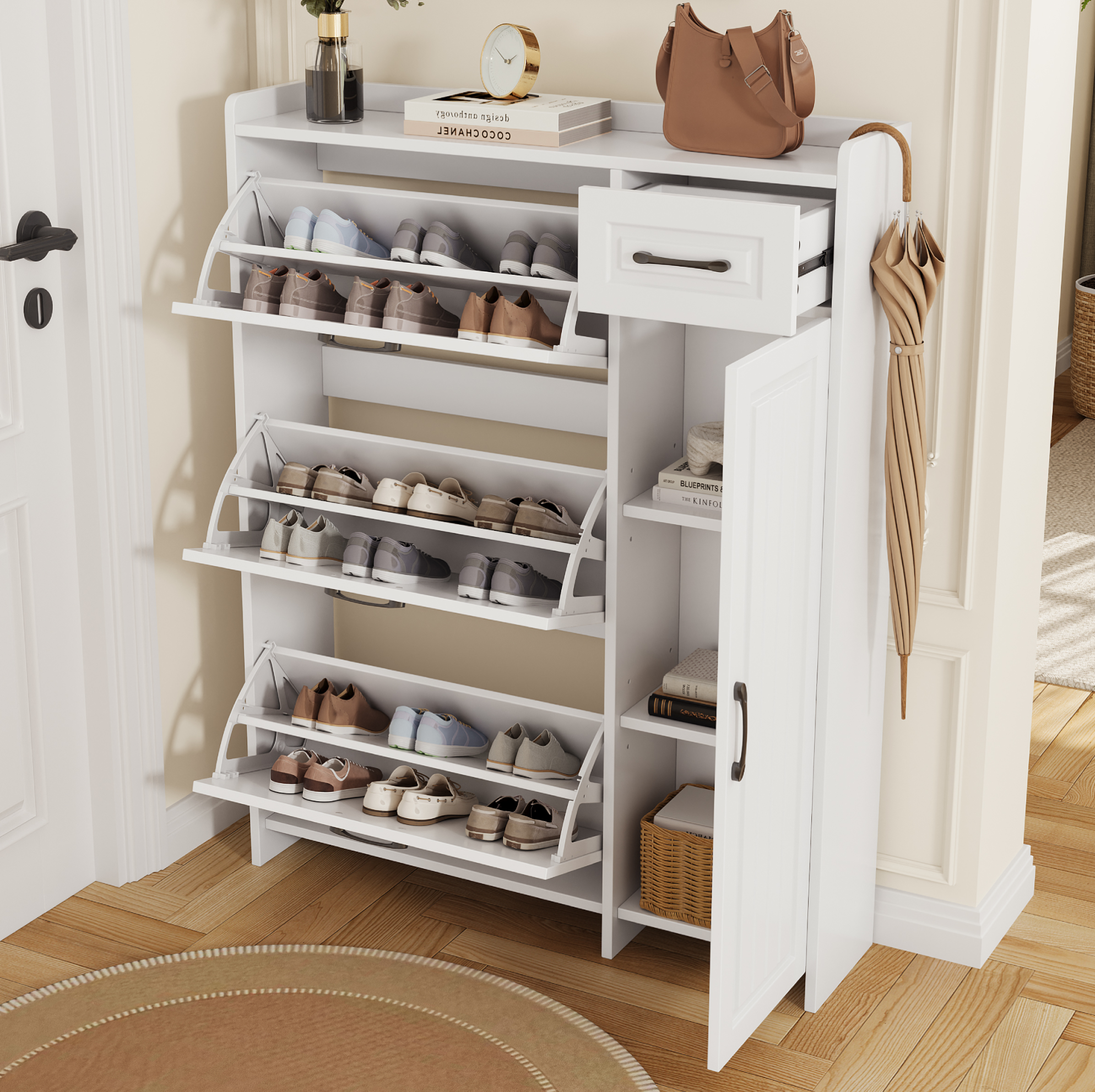 Schuhschrank Mit 3 Klappfächern, 1 Tür, 1 Schublade Und Verstellbaren Einlegeböden, Für Flur, Weiß, 92×24×121 Cm