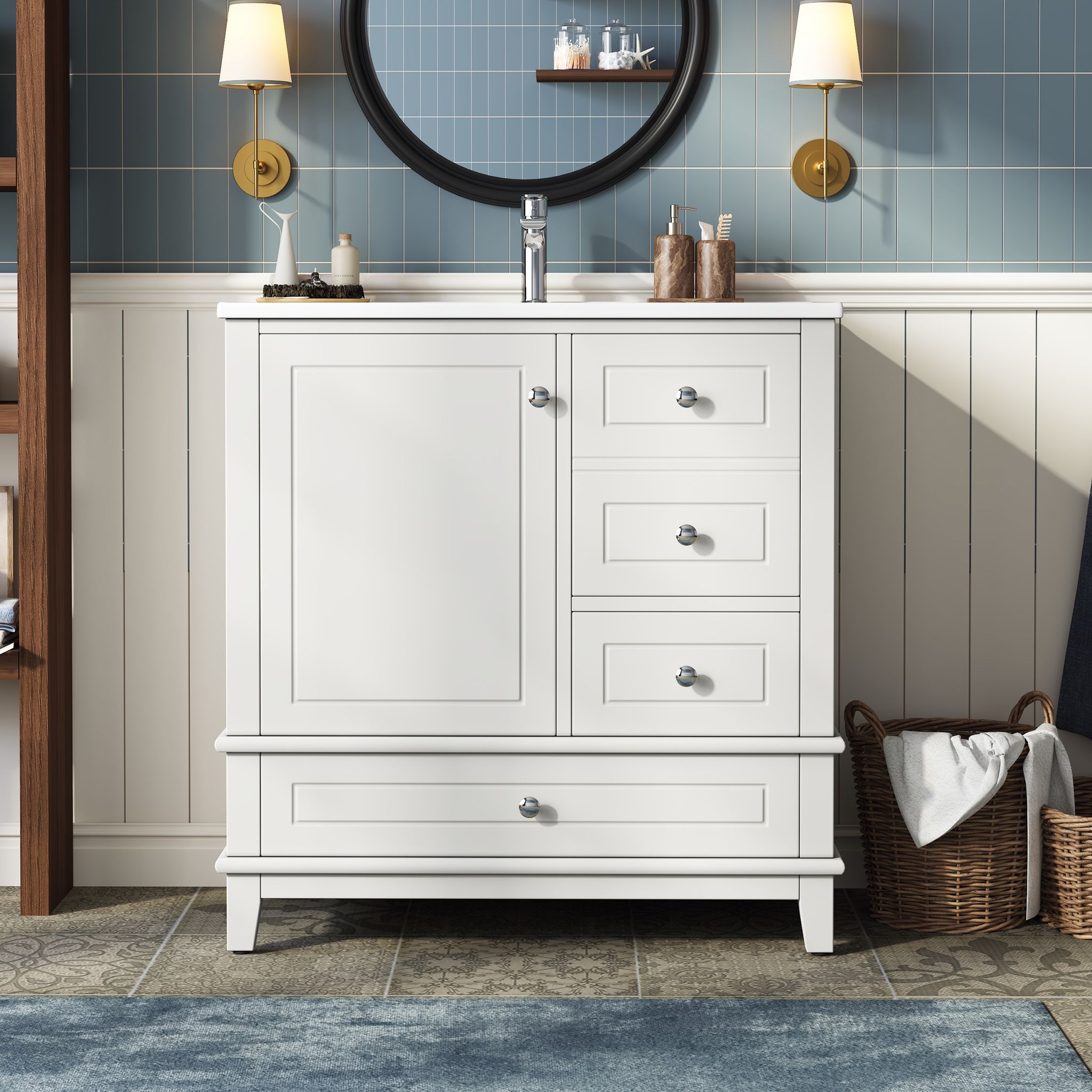 Waschbeckenunterschrank Mit 3 Schubladen Und 1 Soft-close-tür, Keramikwaschbecken, Mdf Weiß, 81×47×86 Cm