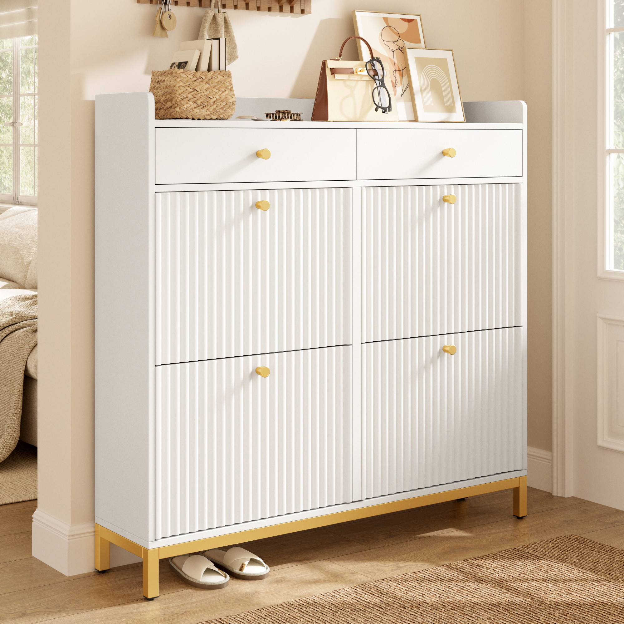 Schuhschrank Mit 4 Klappfächern, 2 Schubladen Und Verstellbaren Trennwänden, Für Flur, Weiß, 106,5×25×107 Cm