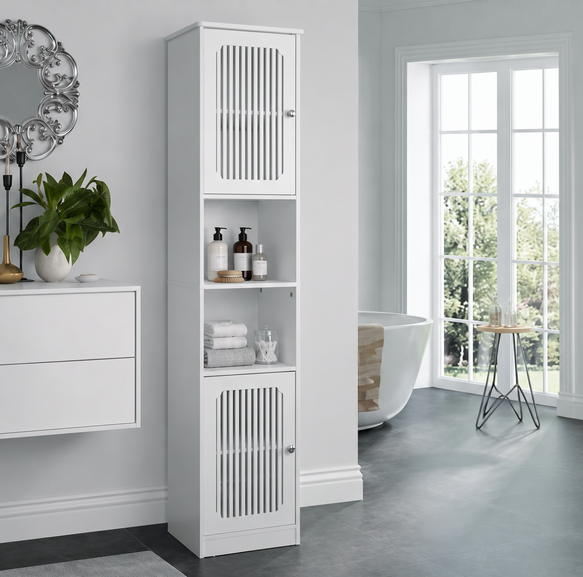 Badezimmerschrank Mit 2 Lamellentüren, 2 Offenen Fächern Und Verstellbaren Einlegeböden, Aus Mdf, Weiß