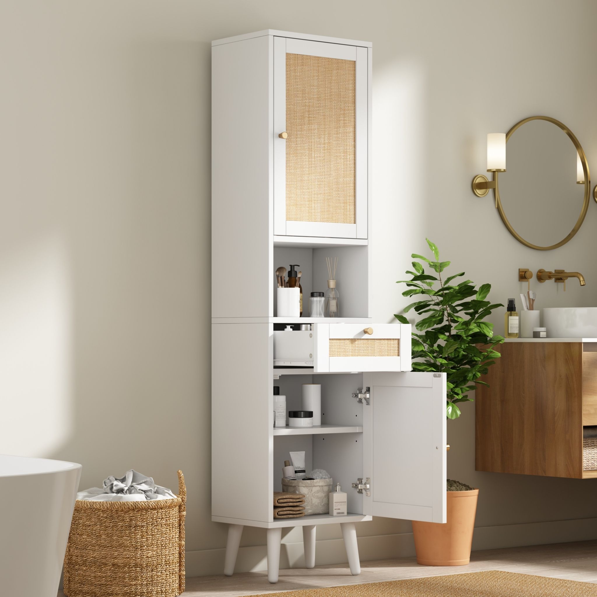 Badezimmerschrank Hoch Mit 2 Reversiblen Türen, Schublade Und Offenen Fächern, Soft-close, Mdf Weiß, 40 × 30 × 166 Cm
