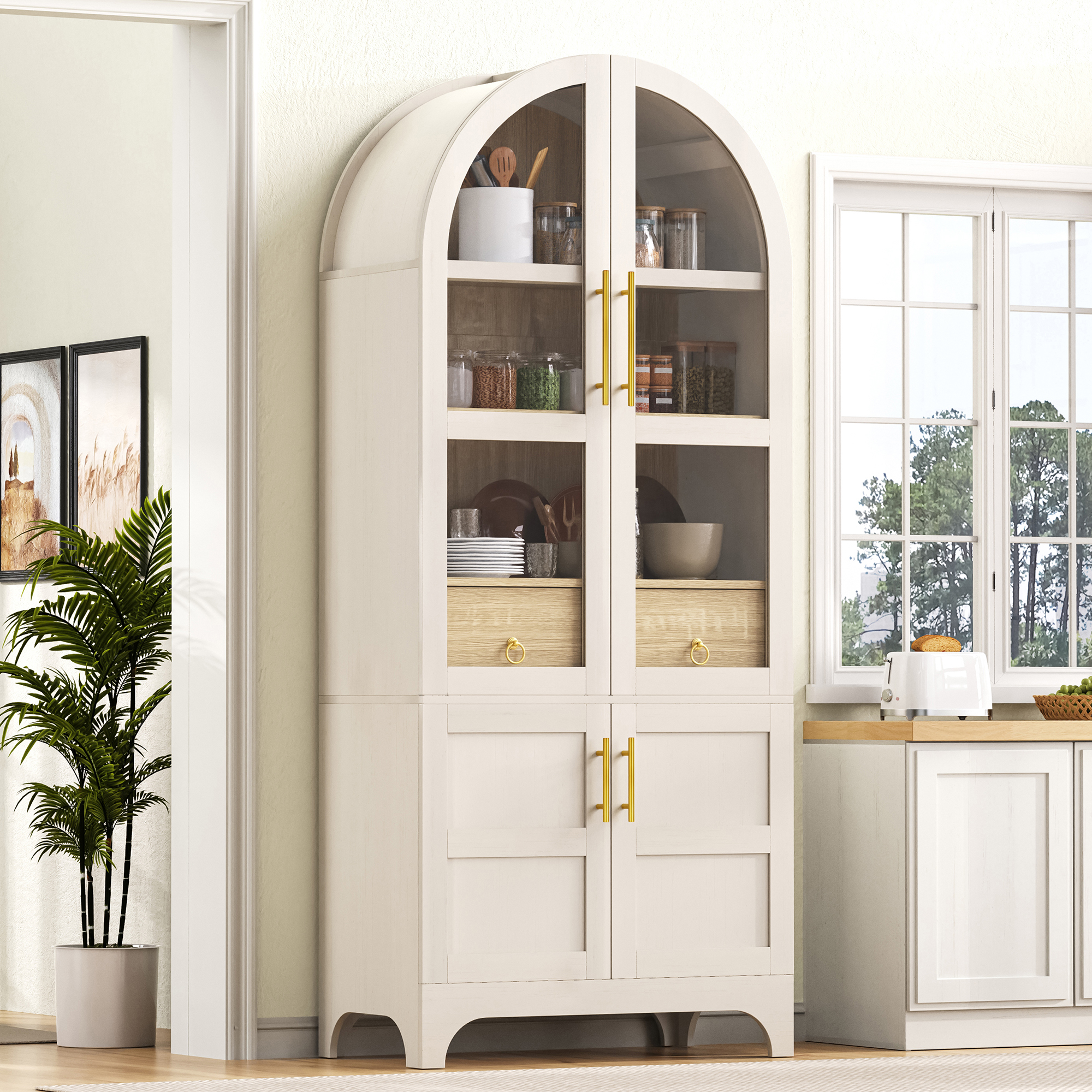 Buffet-hochschrank Mit 3 Schubladen, Riffelglastüren Und Verstellbaren Einlegeböden Für Küche Und Esszimmer, Weiß