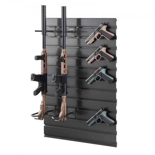VEVOR Waffenwandhalterung für 2 Gewehre & 4 Pistolen, Gewehrhalter mit Haken, Gewehrregal aus Kohlenstoffstahl (Rahmen) & PVC (Rückwand), Waffenaufbewahrung Waffenregal Modulares Aufbewahrungssystem