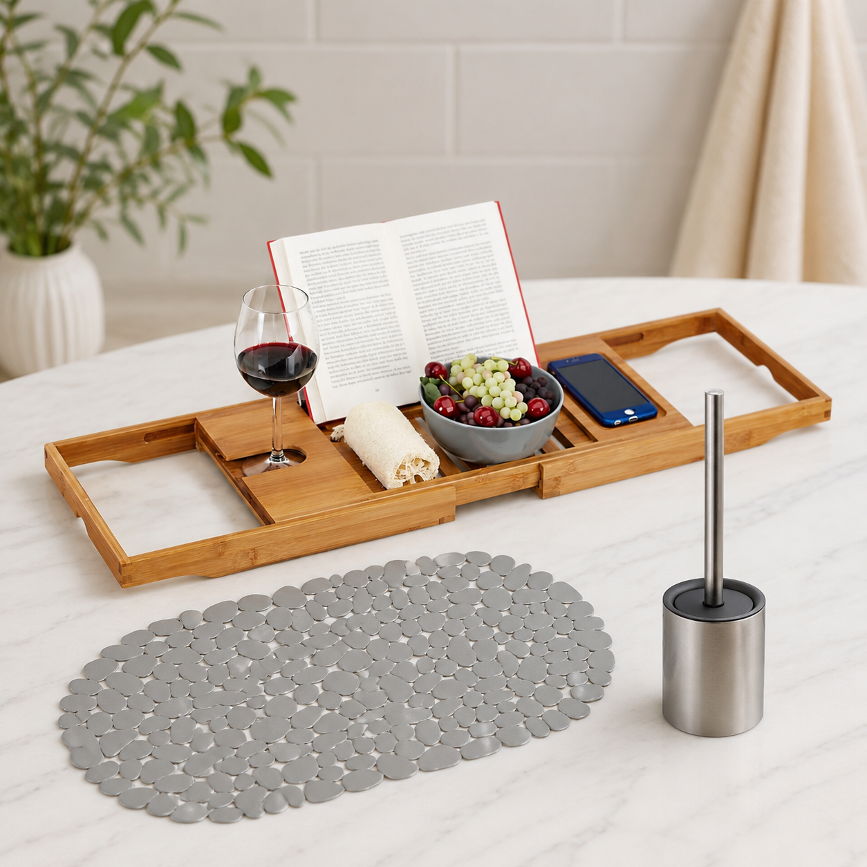Badezimmer-spa-set (3-teilig) - Rutschfeste Badematte, Wc-bürste Aus Stahl & Badewannenablage Aus Bambus