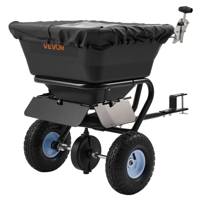 VEVOR Streuwagen 38,6 kg Fassungsvermögen, Schleuderstreuer Anhängestreuer 3 m Streubreite, Streuanhänger mit 25,4 cm Reifen, einstellbare Streumenge, Rasenstreuer für Saatgut, Dünger & Streusalz