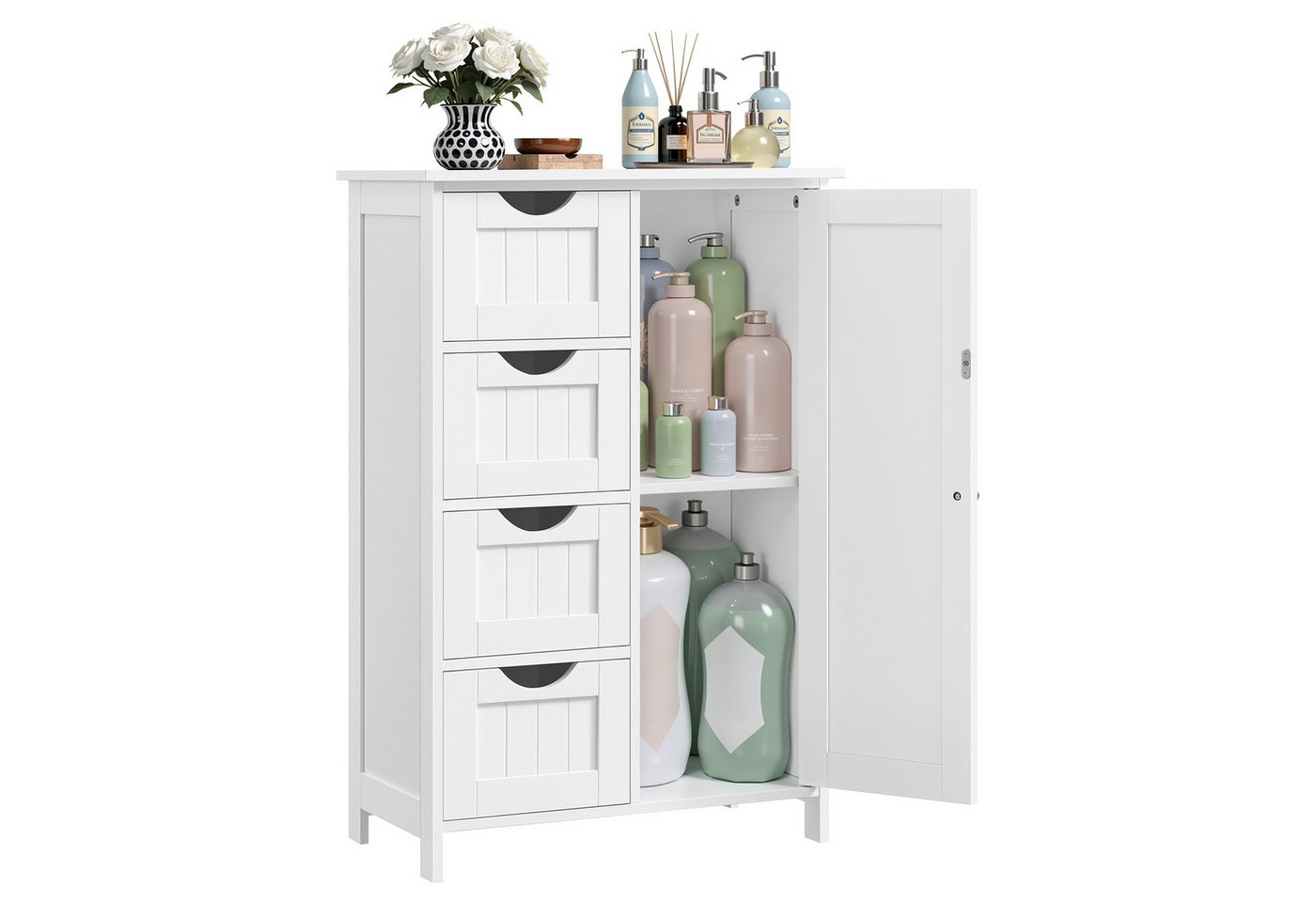 Badezimmer-bodenschrank, Holzschrank Mit 4 Schubladen, Einzeltür, Verstellbares Regal, Für Wohnzimmer, Küche, Flur, Weiß Lhc41w Bild 2