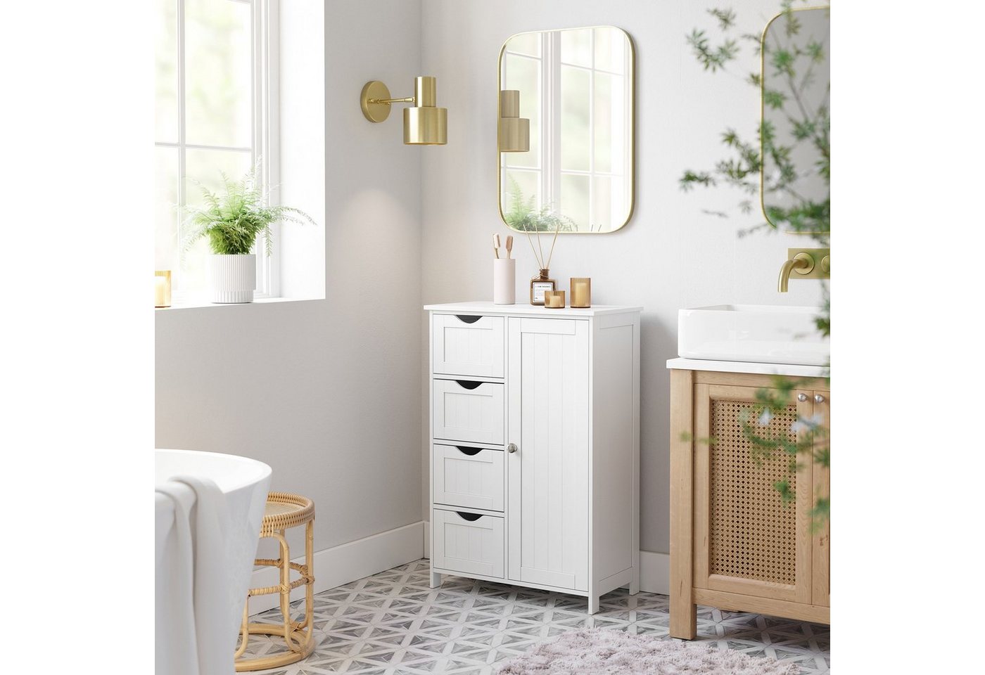 Badezimmer-bodenschrank, Holzschrank Mit 4 Schubladen, Einzeltür, Verstellbares Regal, Für Wohnzimmer, Küche, Flur, Weiß Lhc41w Bild 3
