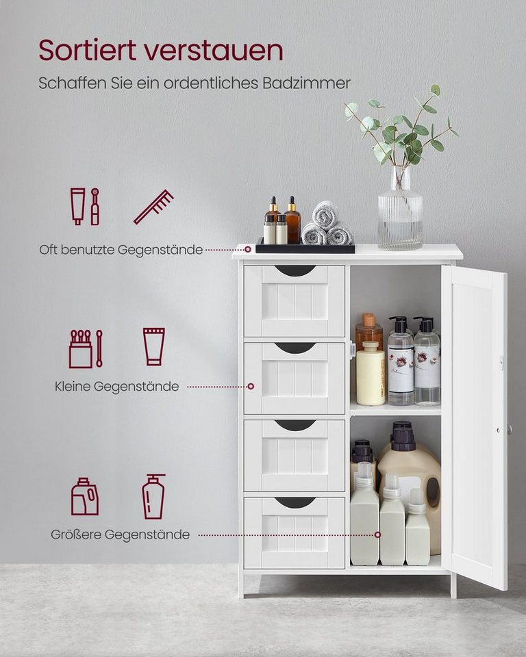 Badezimmer-bodenschrank, Holzschrank Mit 4 Schubladen, Einzeltür, Verstellbares Regal, Für Wohnzimmer, Küche, Flur, Weiß Lhc41w Bild 4
