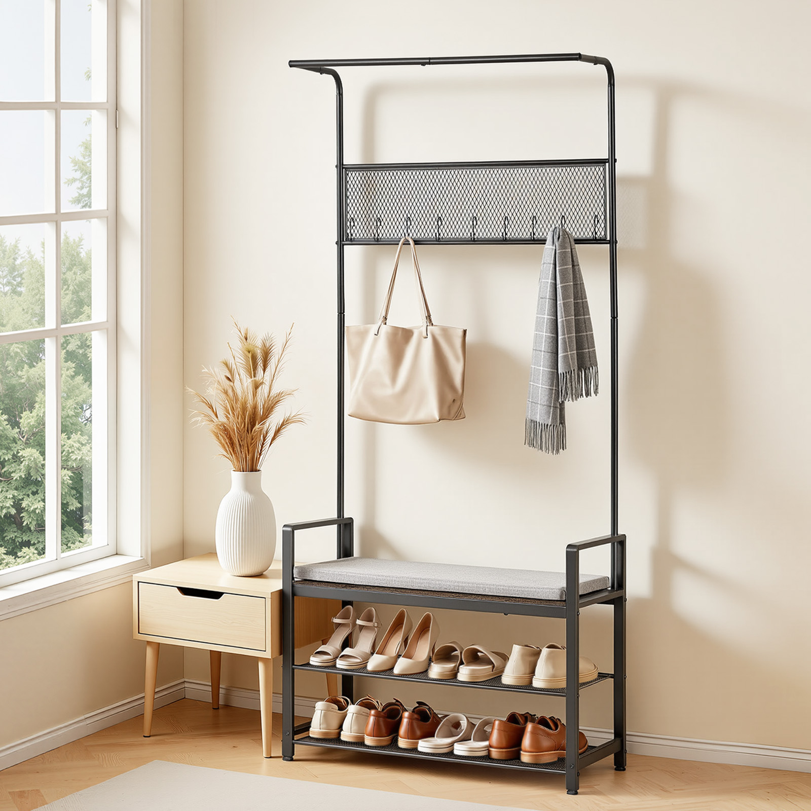 Vevor Flurgarderobe (84 X 34 X 183 Cm), Freistehender Kleiderständer Mit Kleiderhaken & Schuhablage (2 Ebenen), Garderobenständer Mit Stahlrahmen, Ideal Für Eingangsbereich Schlafzimmer Flur Schwarz