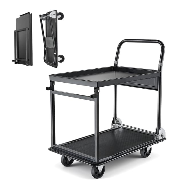 VEVOR Tischwagen Klappbar 317 kg, Plattformwagen mit PU-Rädern, Werkzeugwagen, Werkstattwagen, Materialwagen, Transportwagen mit 2 Etagen, für Lager, Garage, Werkstatt, Büro, 730x470x820 mm