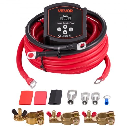 VEVOR Doppelbatterie Trennrelais Kit, 12 V 300 A 6 m 33.6 mm² (2 AWG), VSR-spannungsempfindliches Relais mit Voltmeter, LCD-Bildschirm, Batterie-Trennschalter, kompatibel mit Lithium-Batterien, für UTV, ATV