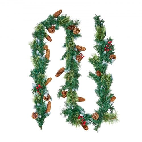 VEVOR Weihnachtsgirlande, 2750 mm künstliche Tannengirlande mit Lichterkette, Weihnachtsdeko mit Beeren-Büscheln, Tannennadeln, Tannenzapfen, realistische Weihnachtskollektion für Kaminsims & Kamin