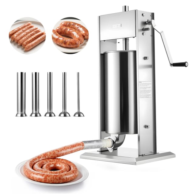 VEVOR Manueller Wurstfüller 15 L, Vertikale Wurstfüllmaschine mit 2 Geschwindigkeiten (Schnell/Langsam) & 5 Füllrohren & Griff, Fleischfüller aus Edelstahl für Gewerblichen & Privaten Gebrauch