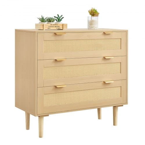 VEVOR Rattankommode Aufbewahrungsschrank mit 3 Schubladen & Metallgriffen & Holzbeinen, moderner Rattanschrank für Schlafzimmer Wohnzimmer Flur (80 x 35 x 77 cm) Kleidungsschrank Schubladenschrank