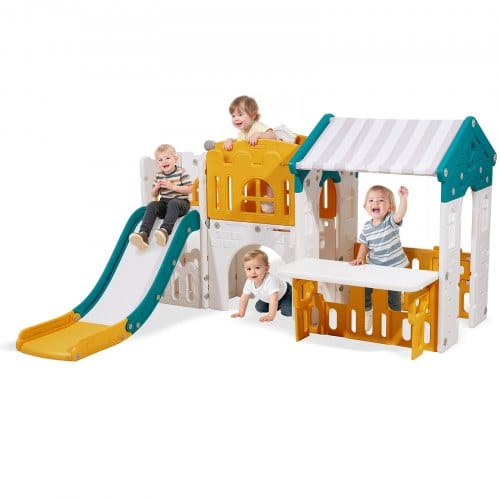 VEVOR Outdoor Spielhaus Outdoor Gartenhaus Cottage (Rutsche/Basketball/Teleskop/Lenkrad/Krabbeltunnel/Verkaufsfenster) Kinderspielhaus für Kleinkinder ab 1 Jahr HDPE-Kunststoff Kinderhaus