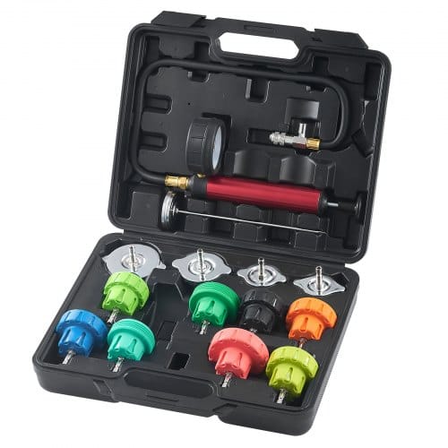 VEVOR 14-teiliges Kühlerkühlmittel-Druckprüfer-Set Abdrückgerät, Abdrücken Tester Kühlwasser Befüllgerät, Kühler Entlüftungsgerät Kühlsystemtester inkl. Thermometer, 4 Metalladapter und 8 Prüfkappen