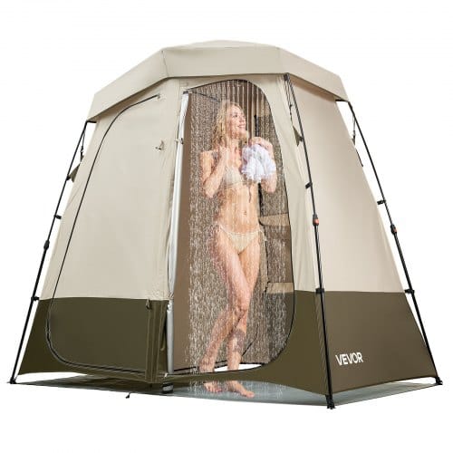 VEVOR Duschzelt mit 2 Räumen, Toilettenzelt (250x122x218 cm) mit Sichtschutz, Umkleidezelt inkl. Heringen & Seilen & Tragetasche & Querstange, aus 150D Oxford-Gewebe für Camping Strand Angeln Khaki
