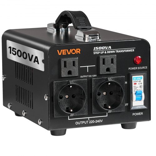 VEVOR Spannungswandler-Transformator, 1500VA, Aufwärts-/Abwärts-Leistungstransformator, Konvertierung von 110 V auf 220 V & von 220 V auf 110 V, mit US-& EU-Steckdosen, Netzkabel, Schutzschalter