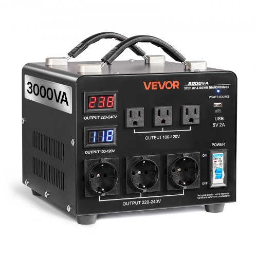 VEVOR Spannungswandler-Transformator, 3000 VA, Aufwärts-/Abwärtstransformator, 110 V auf 220 V & 220 V auf 110 V, mit 3 US-Steckdosen, 3 EU-Steckdosen, LCD-Display, Schutzschalter