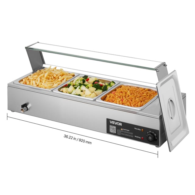 VEVOR kommerzieller Speisenwärmer mit Glasabdeckung & 3 Behälter (1/2-Größe) 1,5 kW Buffetwärmer Edelstahl, Buffetbehälter Buffet-Wasserbad Speisenwärmstation für Restaurants Partys Buffets