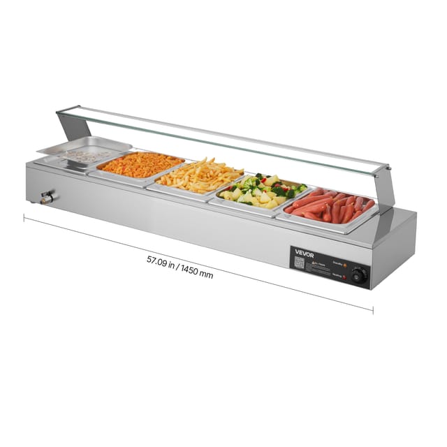 VEVOR kommerzieller Speisenwärmer mit Glasabdeckung & 5 Behälter (1/2-Größe) 1,5 kW Buffetwärmer Edelstahl, Buffetbehälter Buffet-Wasserbad Speisenwärmstation für Restaurants Partys Buffets