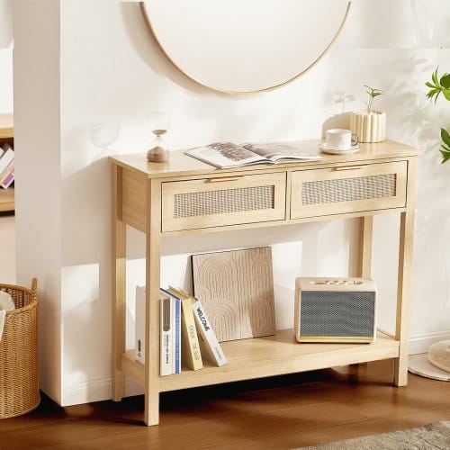 VEVOR Rattan-Konsolentisch mit 2 Schubladen, Rattan-Eingangstisch mit natürlicher Rattan-Schiebetür, Konsolen-Sofatisch für Wohnzimmer, Arbeitszimmer, Eingangsbereich oder Fernsehwand, Natur
