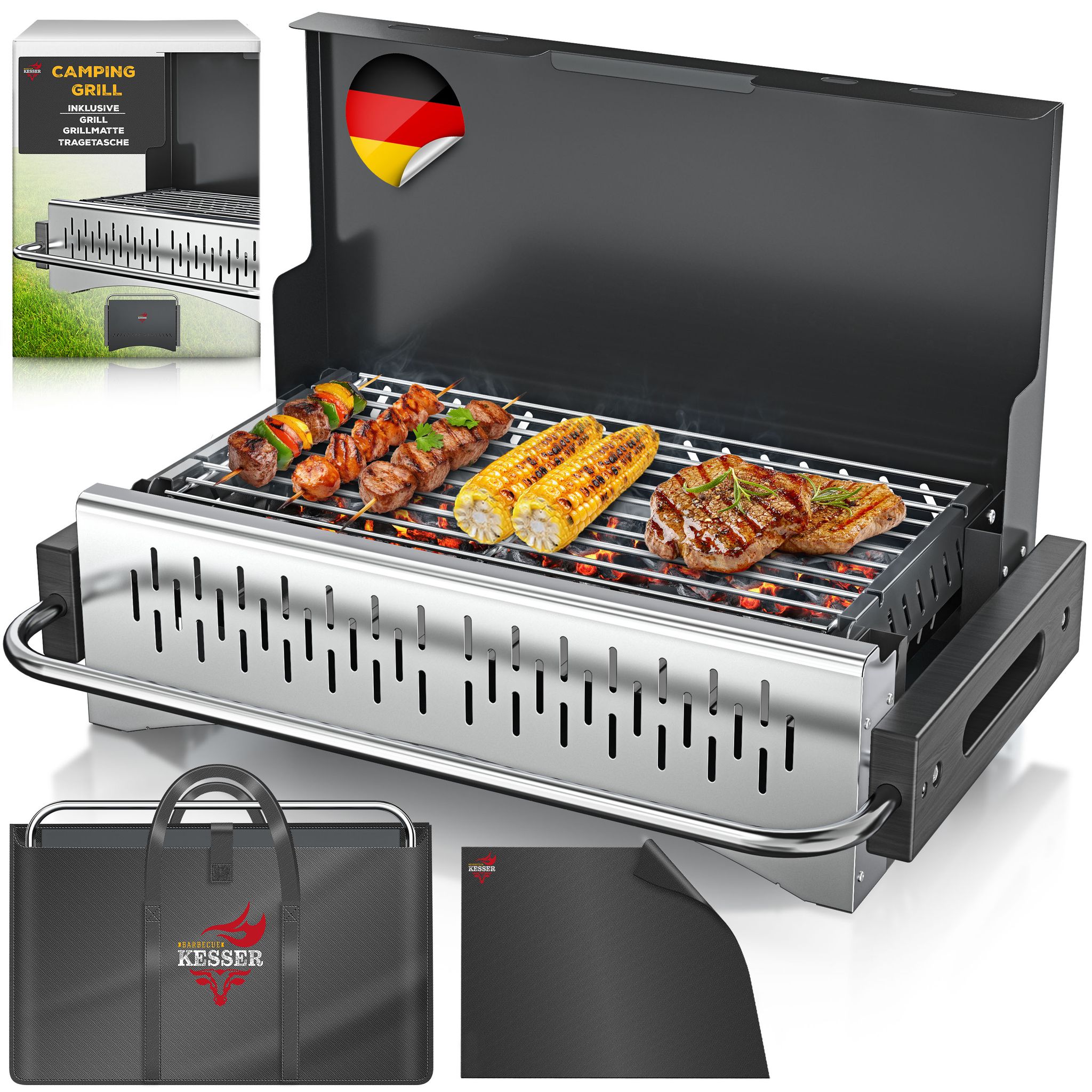 Kesser® Klappgrill, Holzkohle, Stahl, Grillrost, Grillmatte & Tasche - Schwarz