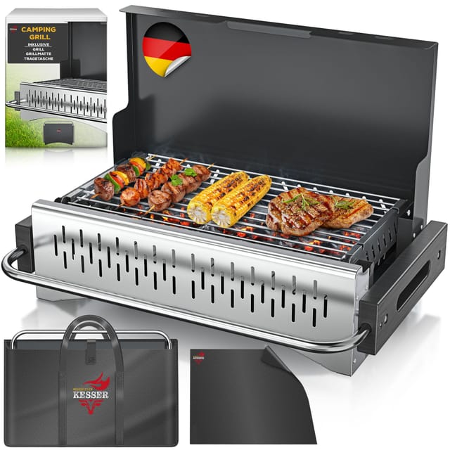 Kesser® Klappgrill, Holzkohle, Stahl, Grillrost, Grillmatte & Tasche - Schwarz