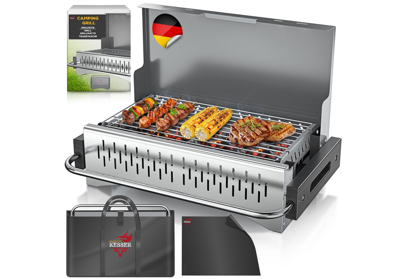 Kesser® Klappgrill, Holzkohle, Stahl, Grillrost, Grillmatte & Tasche - Silber