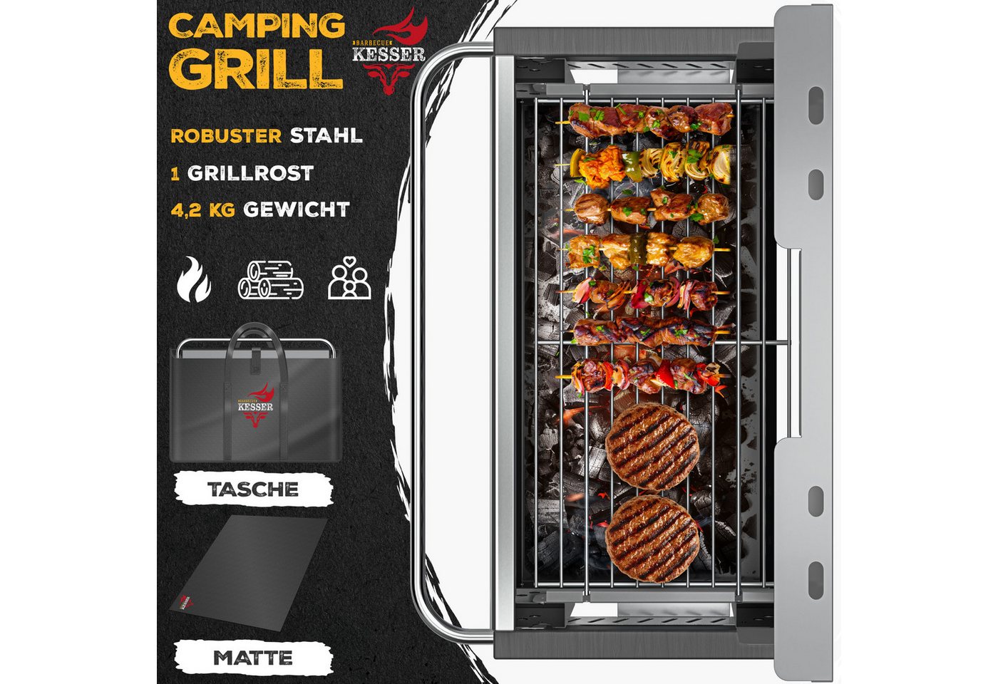 Kesser® Klappgrill, Holzkohle, Stahl, Grillrost, Grillmatte & Tasche - Silber Bild 2