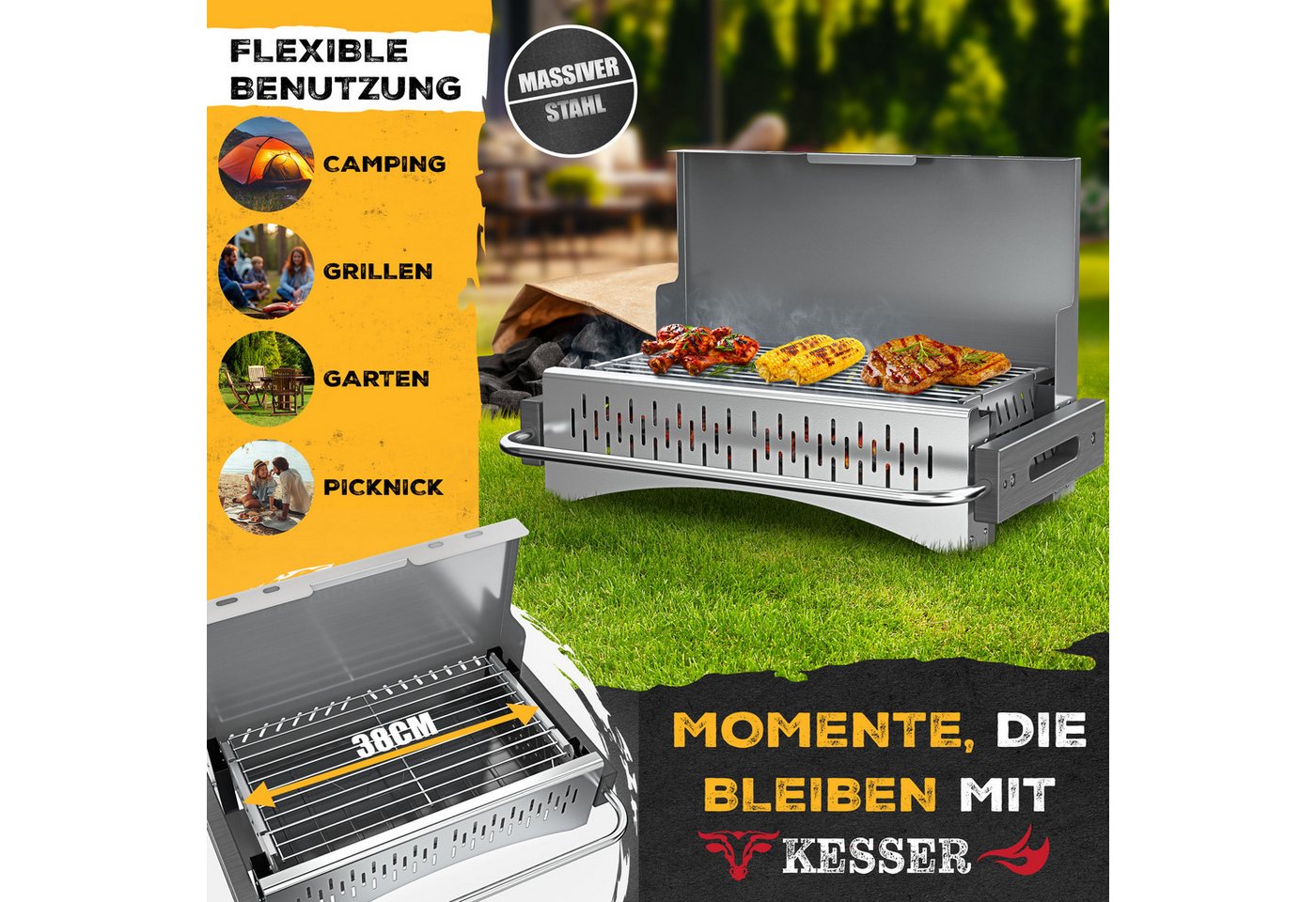 Kesser® Klappgrill, Holzkohle, Stahl, Grillrost, Grillmatte & Tasche - Silber Bild 3