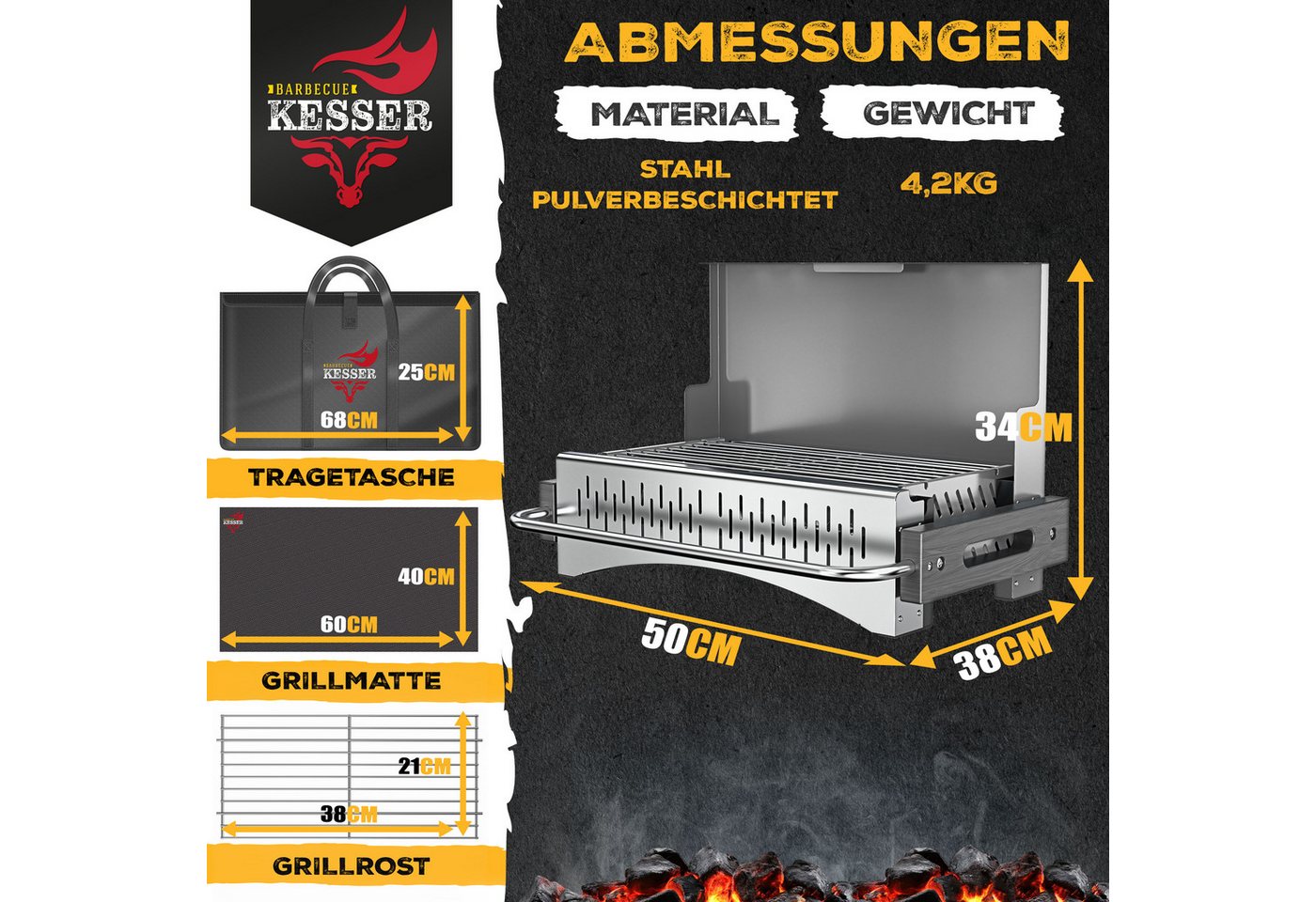 Kesser® Klappgrill, Holzkohle, Stahl, Grillrost, Grillmatte & Tasche - Silber Bild 4