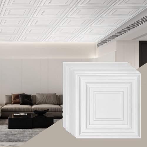 VEVOR Deckenfliesen, 12er-Pack 24 x 24 Zoll, abgehängte Deckenfliesen aus hochwertigem PVC-Blatt, einfache Installation/Zuschneiden, Kunststoff-Deckenfliesen zum Aufkleben, Deckenverkleidung für Heim-/Bürodekoration, weißes Stiftmuster