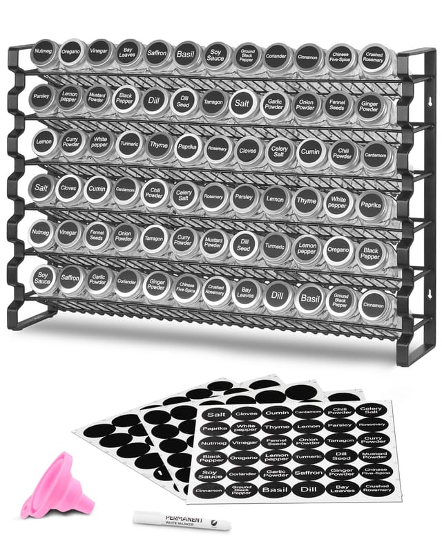 VEVOR 6-stöckiges Gewürzregal Gewürzhalter mit 72 leeren Gewürzgläser & Trichter-Komplettset & Gewürzetiketten, Gewürz-Organizer für Küchen Schrank Speisekammer (591 x 118 x 407 mm)