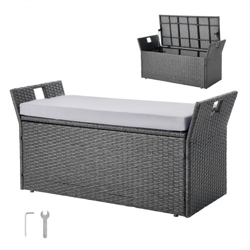 VEVOR Gartenbank mit Stauraum 180 kg, PE-Rattan-Sitzbank, Sitztruhe mit Kissen & seitlichem Griff, Aufbewahrungsbank, Sitzgelegenheit & Veranda-Dekor für Terrasse, Garten & Balkon, 104x45x52cm