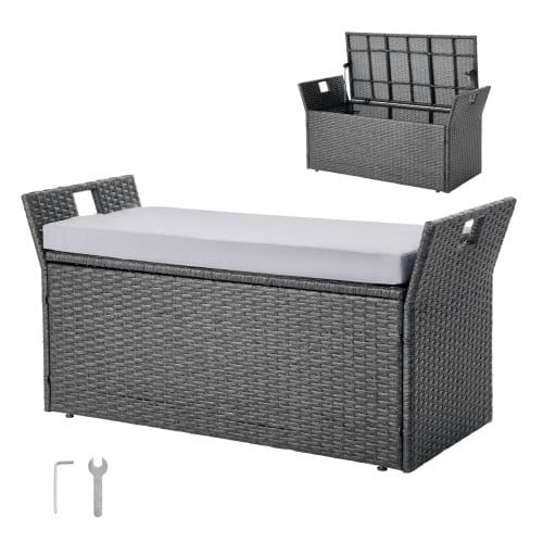 VEVOR Gartenbank mit Stauraum 180 kg, PE-Rattan-Sitzbank, Sitztruhe mit Kissen & seitlichem Griff, Aufbewahrungsbank, Sitzgelegenheit & Veranda-Dekor für Terrasse, Garten & Balkon, 104x45x52cm