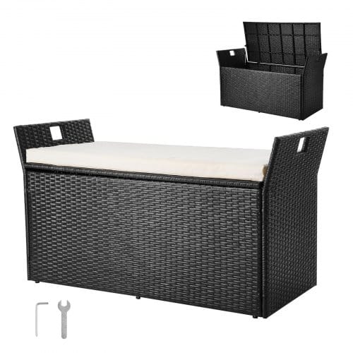 VEVOR Gartenbank mit Stauraum, PE-Rattan-Sitztruhe, Truhenbank mit Kissen & seitlichen Griffen, trägt bis zu 360 kg, Gartensitzgelegenheit & Veranda-Dekor für Terrasse, Garten, Balkon, 125x55x70cm