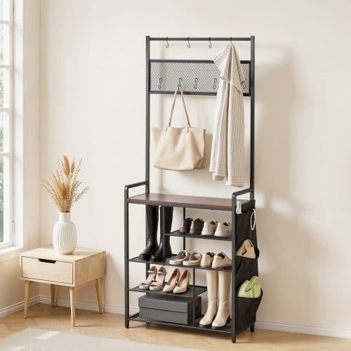 VEVOR Multifunktionale Flurgarderobe (75 x 30 x 180 cm) mit Schuhablage & Haken, Garderobenständer mit Seitentasche, Garderobe mit Stahlrahmen Geeignet für Eingangsbereich Schlafzimmer Schwarz